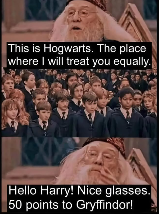 This is Hogwarts. The place where I will treat you equally. Hello Harry! Nice glasses. 50 points to Gryffindor!