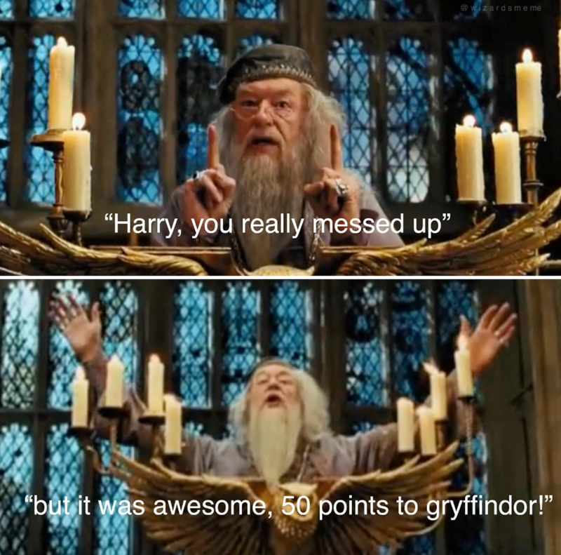 "Harry, you really messed up" @wizardsme me "but it was awesome, 50 points to gryffindor!"