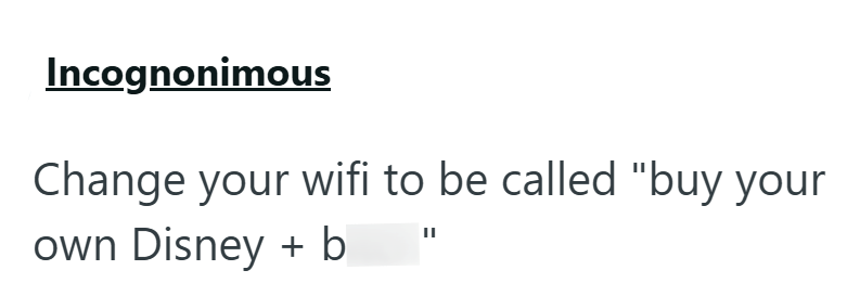 Incognonimous Change your wifi to be called "buy your own Disney + b