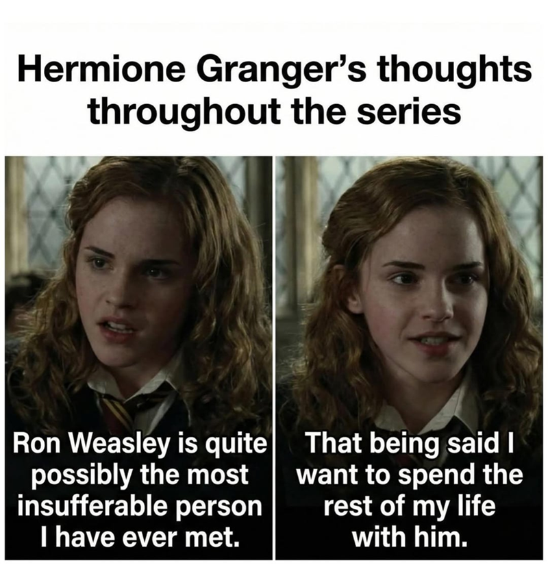 Hermione Granger's thoughts throughout the series Ron Weasley is quite possibly the most insufferable person I have ever met. That being said I want to spend the rest of my life with him.