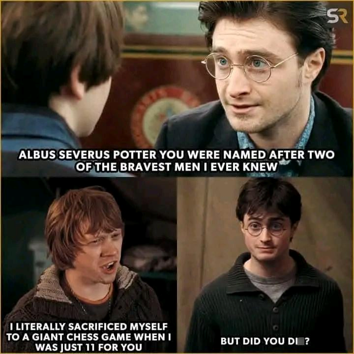 SR ALBUS SEVERUS POTTER YOU WERE NAMED AFTER TWO OF THE BRAVEST MEN I EVER KNEW I LITERALLY SACRIFICED MYSELF TO A GIANT CHESS GAME WHEN I WAS JUST 11 FOR YOU BUT DID YOU DI ?