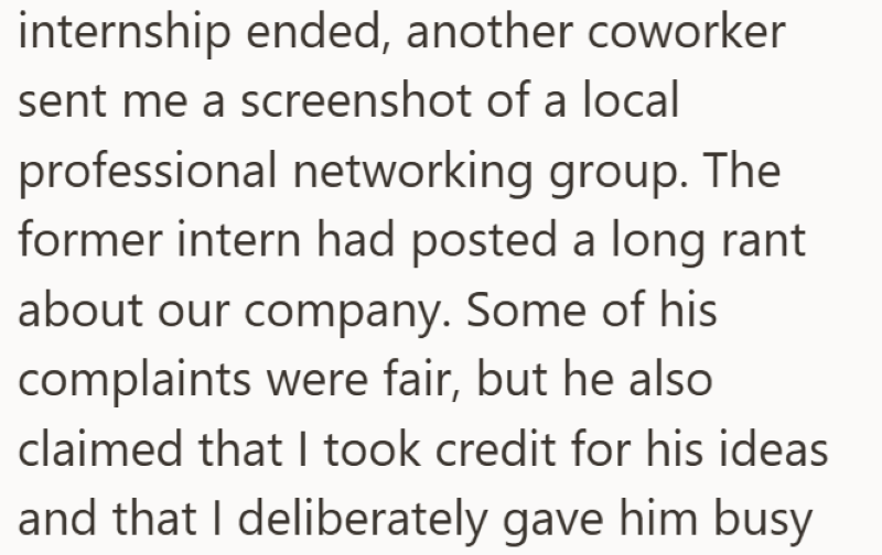 internship ended, another coworker sent me a screenshot of a local professional networking group. The former intern had posted a long rant about our company. Some of his complaints were fair, but he also claimed that I took credit for his ideas and that I deliberately gave him busy