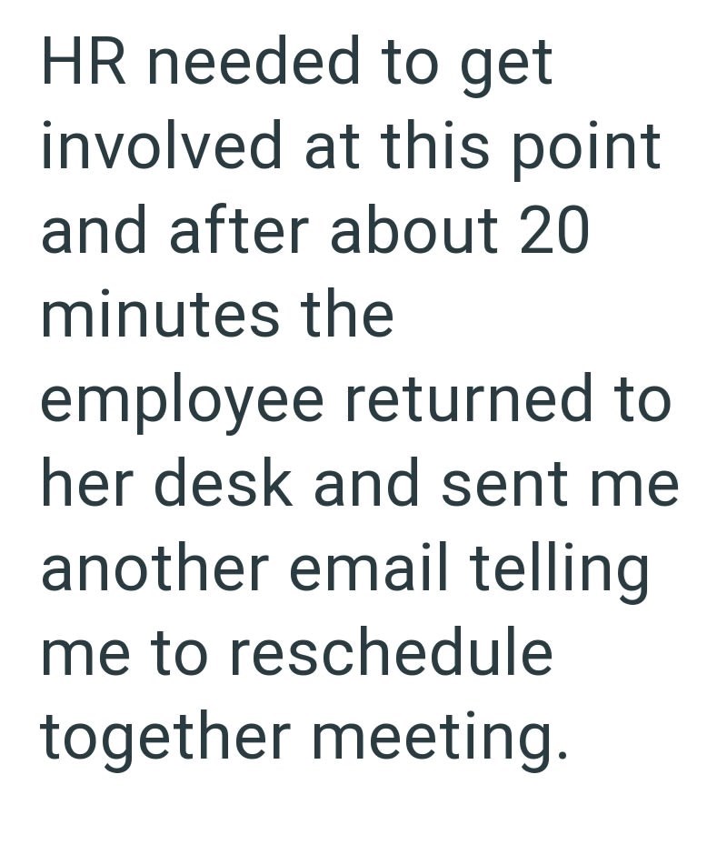 HR needed to get involved at this point and after about 20 minutes the employee returned to her desk and sent me another email telling me to reschedule together meeting.