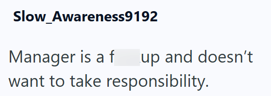 Slow_Awareness9192 Manager is a fup and doesn't want to take responsibility.