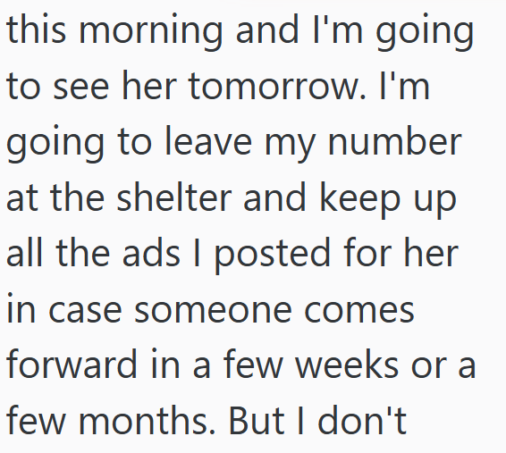 this morning and I'm going to see her tomorrow. I'm going to leave my number at the shelter and keep up all the ads I posted for her in case someone comes forward in a few weeks or a few months. But I don't
