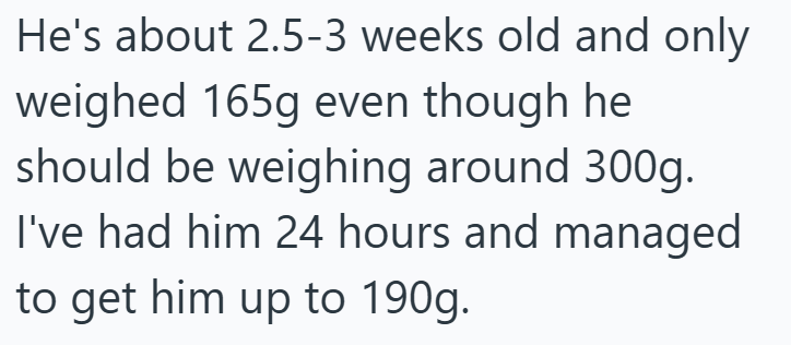 He's about 2.5-3 weeks old and only weighed 165g even though he should be weighing around 300g. I've had him 24 hours and managed to get him up to 190g.