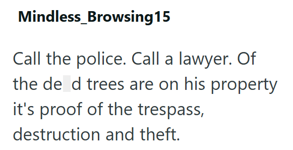 Mindless Browsing 15 Call the police. Call a lawyer. Of the de d trees are on his property it's proof of the trespass, destruction and theft.