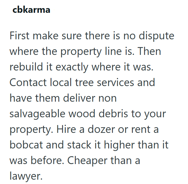 cbkarma First make sure there is no dispute where the property line is. Then rebuild it exactly where it was. Contact local tree services and have them deliver non salvageable wood debris to your property. Hire a dozer or rent a bobcat and stack it higher than it was before. Cheaper than a lawyer.