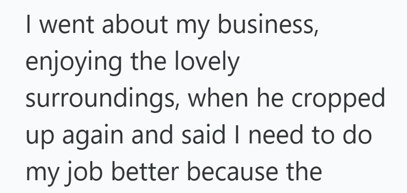 I went about my business, enjoying the lovely surroundings, when he cropped up again and said I need to do my job better because the