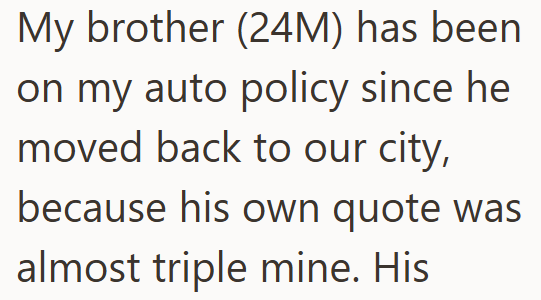 My brother (24M) has been on my auto policy since he moved back to our city, because his own quote was almost triple mine. His