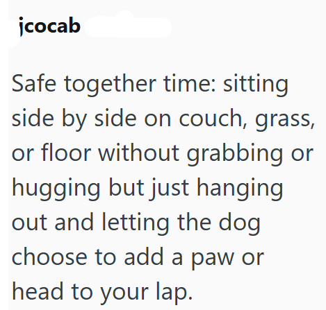 jcocab Safe together time: sitting side by side on couch, grass, or floor without grabbing or hugging but just hanging out and letting the dog choose to add a paw or head to your lap.