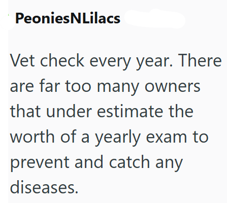 PeoniesNLilacs Vet check every year. There are far too many owners that under estimate the worth of a yearly exam to prevent and catch any diseases.