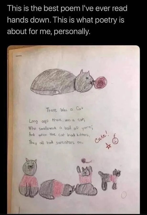 This is the best poem I've ever read hands down. This is what poetry is about for me, personally. There Was a Cat Long ago there was a cat, Who swallowed a ball of yarn; And when the cat had kittens, They all had sweaters on. Cute! A Ó