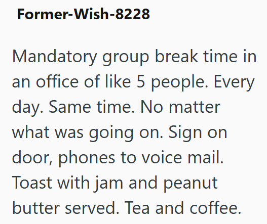 Former-Wish-8228 Mandatory group break time in an office of like 5 people. Every day. Same time. No matter what was going on. Sign on door, phones to voice mail. Toast with jam and peanut butter served. Tea and coffee.