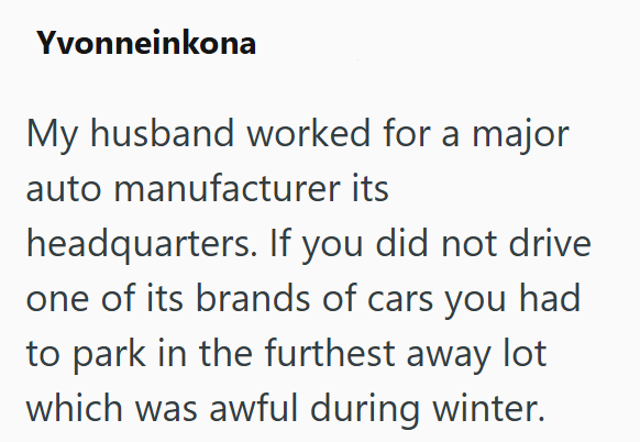 Yvonneinkona My husband worked for a major auto manufacturer its headquarters. If you did not drive one of its brands of cars you had to park in the furthest away lot which was awful during winter.