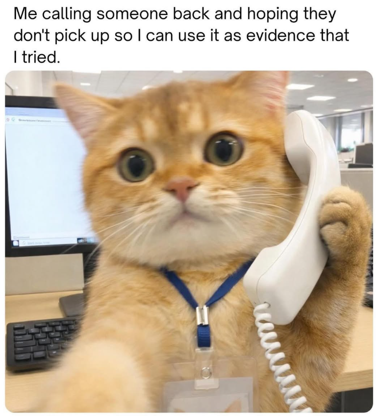 m Me calling someone back and hoping they don't pick up so I can use it as evidence that I tried.