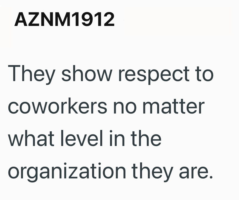 AZNM1912 They show respect to coworkers no matter what level in the organization they are.