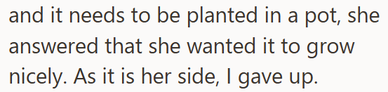 and it needs to be planted in a pot, she answered that she wanted it to grow nicely. As it is her side, I gave up.