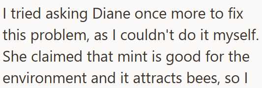 I tried asking Diane once more to fix this problem, as I couldn't do it myself. She claimed that mint is good for the environment and it attracts bees, so I