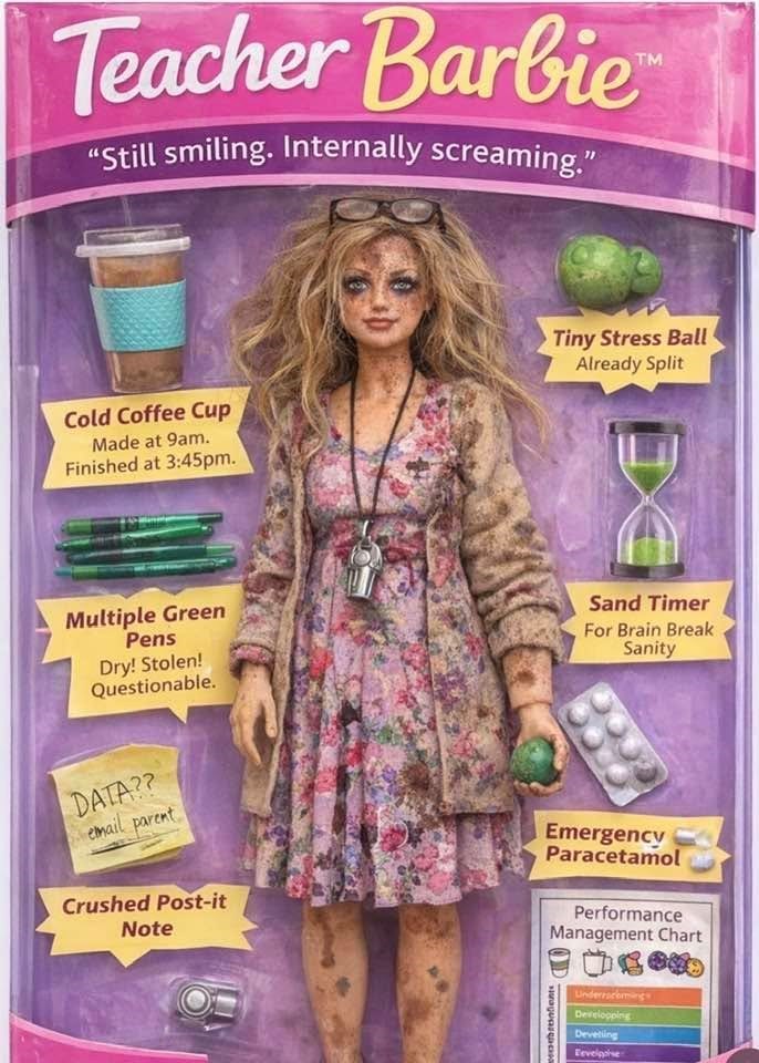 Teacher Barbie "Still smiling. Internally screaming." TM Cold Coffee Cup Made at 9am. Finished at 3:45pm. Tiny Stress Ball Already Split DE Multiple Green Pens Dry! Stolen! Questionable. Sand Timer For Brain Break Sanity DATA?? email parent Crushed Post-it Note Emergency Paracetamol werontie Performance Management Chart Underarming Developping Deveting Eevelpoise