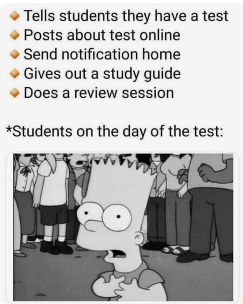 Tells students they have a test Posts about test online Send notification home Gives out a study guide Does a review session *Students on the day of the test: