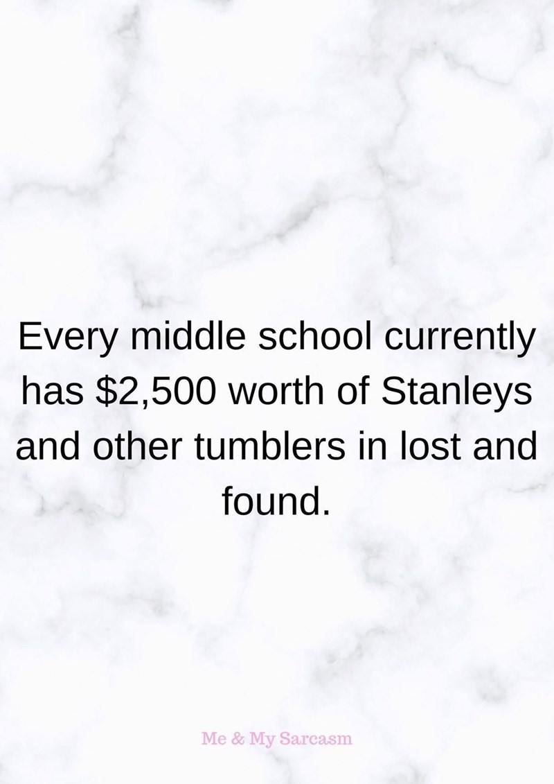 Every middle school currently has $2,500 worth of Stanleys and other tumblers in lost and found. Me & My Sarcasm