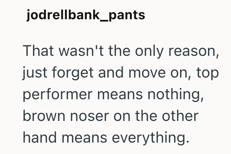 jodrellbank_pants That wasn't the only reason, just forget and move on, top performer means nothing, brown noser on the other hand means everything.