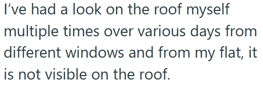 I've had a look on the roof myself multiple times over various days from different windows and from my flat, it is not visible on the roof.