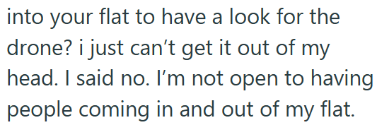 into your flat to have a look for the drone? i just can't get it out of my head. I said no. I'm not open to having people coming in and out of my flat.