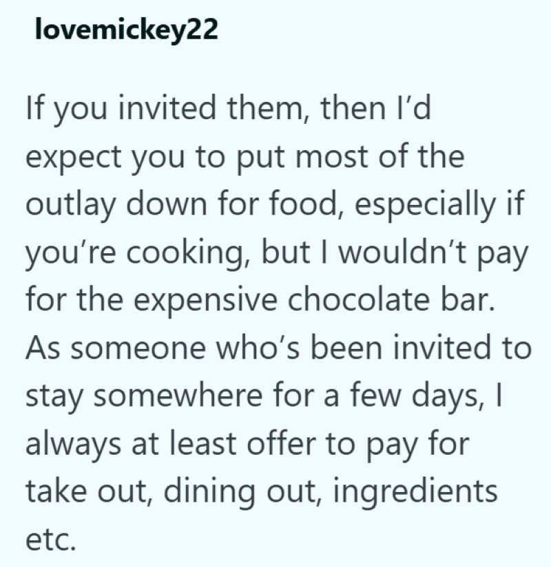 lovemickey22 If you invited them, then I'd expect you to put most of the outlay down for food, especially if you're cooking, but I wouldn't pay for the expensive chocolate bar. As someone who's been invited to stay somewhere for a few days, I always at least offer to pay for take out, dining out, ingredients etc.