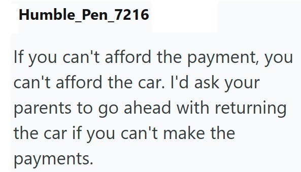 Humble_Pen_7216 If you can't afford the payment, you can't afford the car. I'd ask your parents to go ahead with returning the car if you can't make the payments.