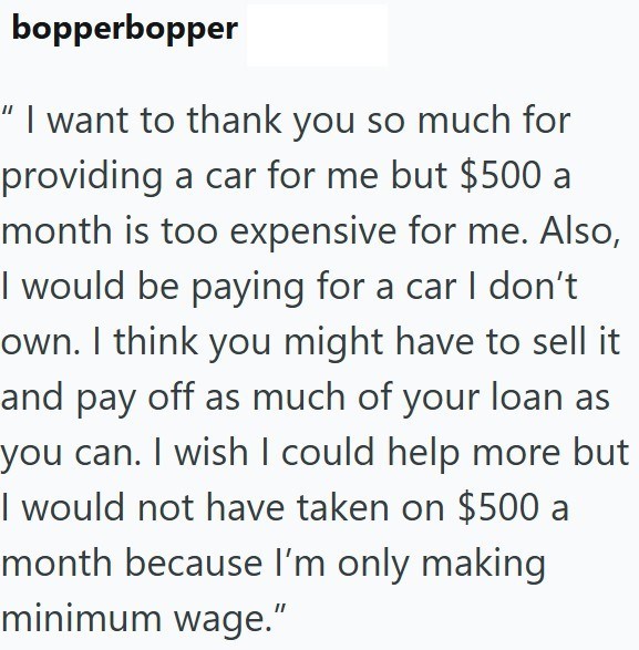bopperbopper "I want to thank you so much for providing a car for me but $500 a month is too expensive for me. Also, I would be paying for a car I don't own. I think you might have to sell it and pay off as much of your loan as you can. I wish I could help more but I would not have taken on $500 a month because I'm only making minimum wage."