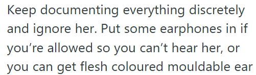 Keep documenting everything discretely and ignore her. Put some earphones in if you're allowed so you can't hear her, or you can get flesh coloured mouldable ear
