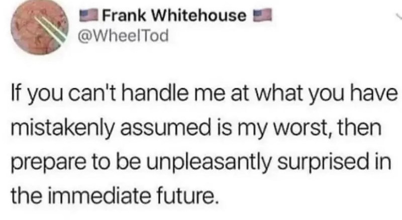 Frank Whitehouse @WheelTod If you can't handle me at what you have mistakenly assumed is my worst, then prepare to be unpleasantly surprised in the immediate future.