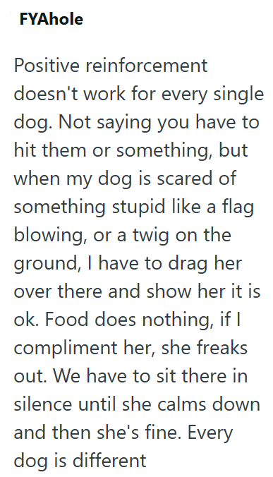 FYAhole Positive reinforcement doesn't work for every single dog. Not saying you have to hit them or something, but when my dog is scared of something stupid like a flag blowing, or a twig on the ground, I have to drag her over there and show her it is ok. Food does nothing, if I compliment her, she freaks out. We have to sit there in silence until she calms down and then she's fine. Every dog is different