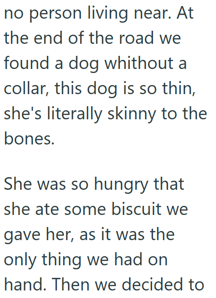 no person living near. At the end of the road we found a dog whithout a collar, this dog is so thin, she's literally skinny to the bones. She was so hungry that she ate some biscuit we gave her, as it was the only thing we had on hand. Then we decided to