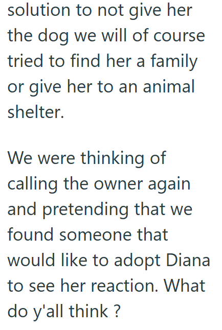 solution to not give her the dog we will of course tried to find her a family. or give her to an animal shelter. We were thinking of calling the owner again and pretending that we found someone that would like to adopt Diana to see her reaction. What do y'all think?