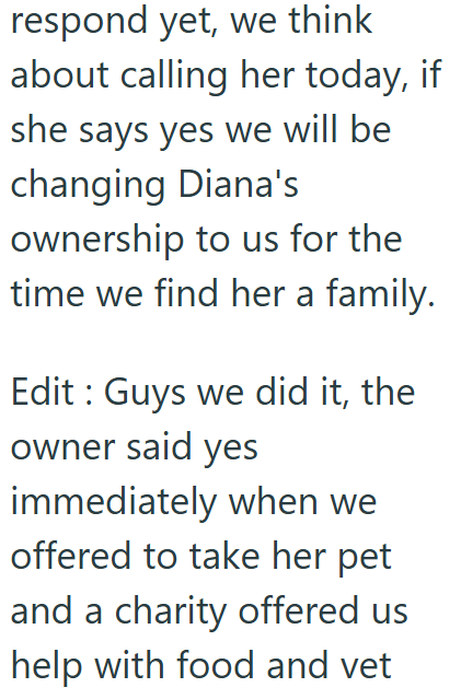 respond yet, we think about calling her today, if she says yes we will be changing Diana's ownership to us for the time we find her a family. Edit Guys we did it, the owner said yes immediately when we offered to take her pet and a charity offered us help with food and vet
