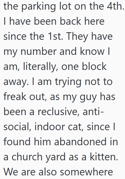 the parking lot on the 4th. I have been back here since the 1st. They have my number and know I am, literally, one block away. I am trying not to freak out, as my guy has been a reclusive, anti- social, indoor cat, since I found him abandoned in a church yard as a kitten. We are also somewhere