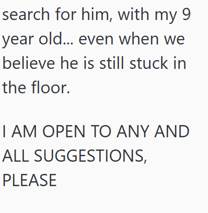 search for him, with my 9 year old... even when we believe he is still stuck in the floor. I AM OPEN TO ANY AND ALL SUGGESTIONS, PLEASE
