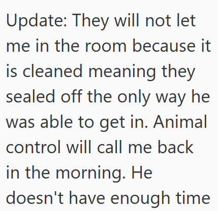 Update: They will not let me in the room because it is cleaned meaning they sealed off the only way he was able to get in. Animal control will call me back in the morning. He doesn't have enough time