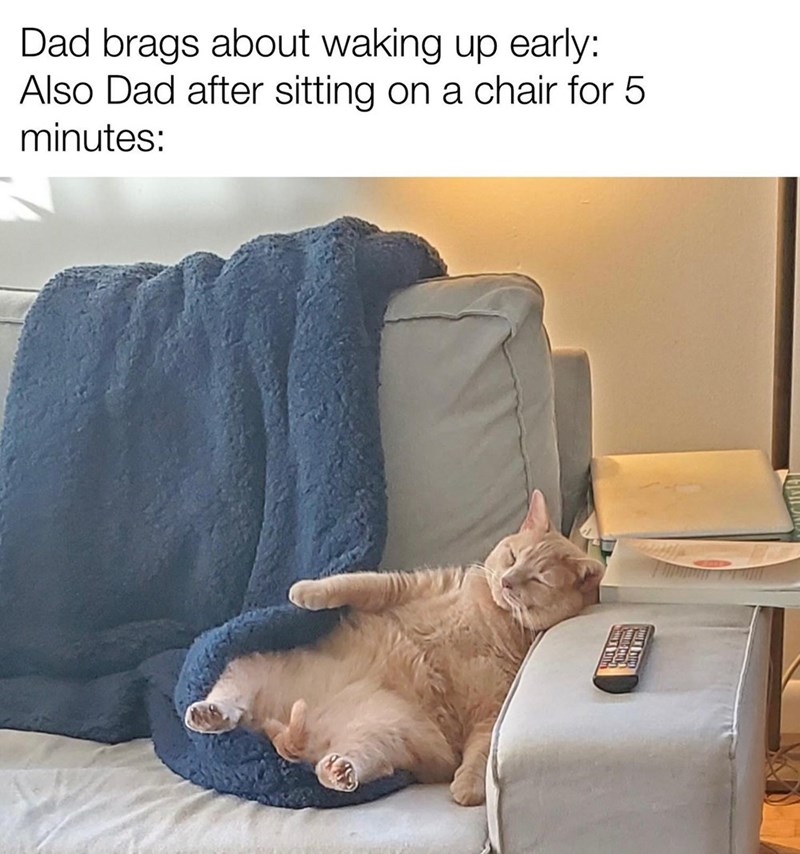 Dad brags about waking up early: Also Dad after sitting on a chair for 5 minutes: