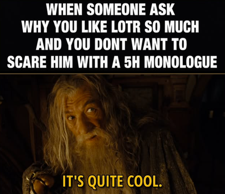 WHEN SOMEONE ASK WHY YOU LIKE LOTR SO MUCH AND YOU DONT WANT TO SCARE HIM WITH A 5H MONOLOGUE IT'S QUITE COOL.