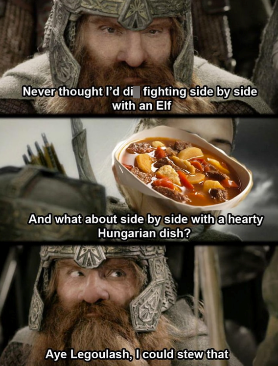 Never thought I'd di fighting side by side with an Elf And what about side by side with a hearty Hungarian dish? Aye Legoulash, I could stew that