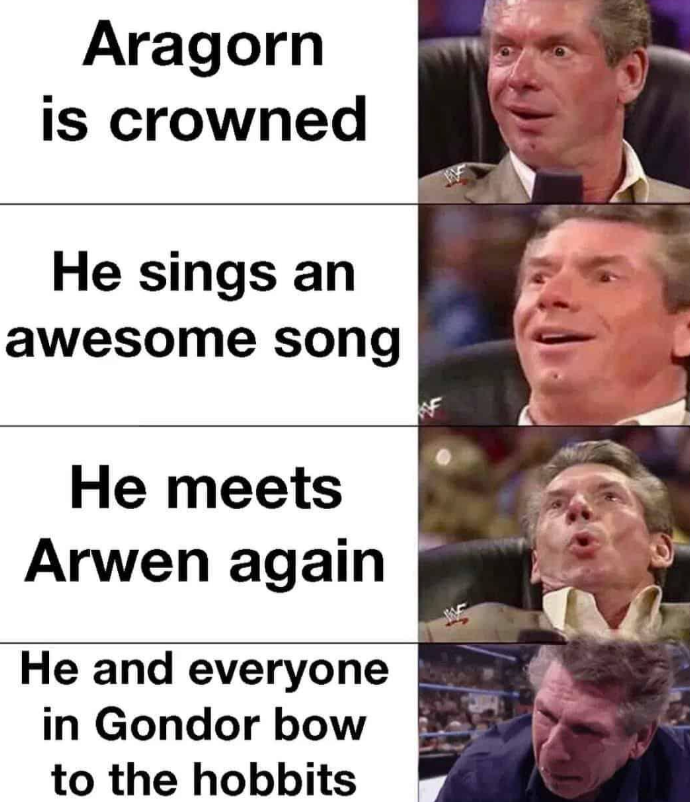 Aragorn is crowned He sings an awesome song He meets Arwen again He and everyone in Gondor bow to the hobbits