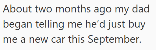 About two months ago my dad began telling me he'd just buy me a new car this September.