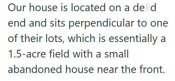 Our house is located on a de d end and sits perpendicular to one of their lots, which is essentially a 1.5-acre field with a small abandoned house near the front.