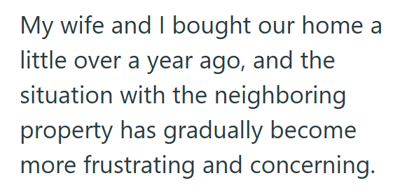My wife and I bought our home a little over a year ago, and the situation with the neighboring property has gradually become more frustrating and concerning.
