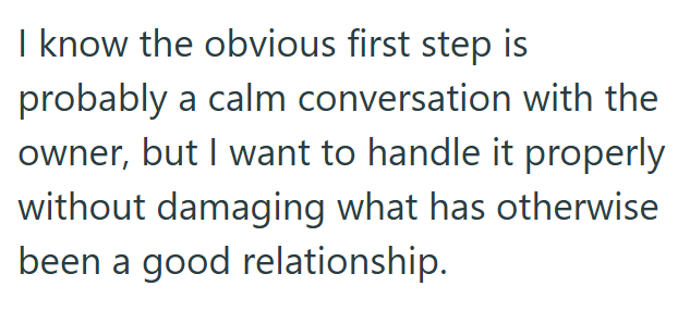 I know the obvious first step is probably a calm conversation with the owner, but I want to handle it properly without damaging what has otherwise been a good relationship.