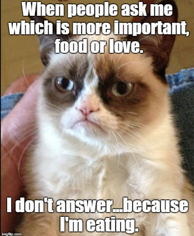 When people ask me which is more important, food or love. I don't answer...because I'm eating. imgflip.com